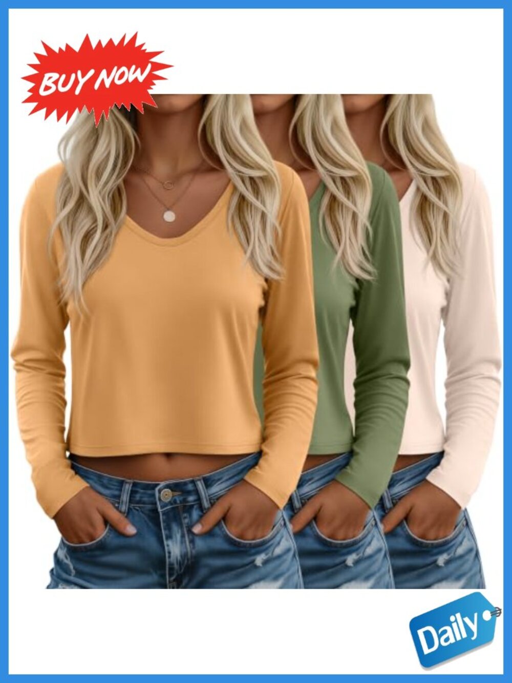 Womens Crop Long Sleeve V Neck Tops 3 Pack Casual Fall Shirts